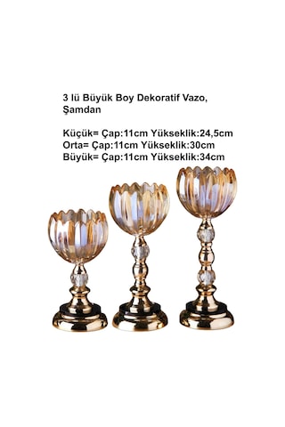 3 Lü Kristal Cam Şamdan, Vazo Gold Metal Ayak 4470