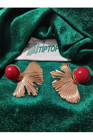 Tiptop/ Bordo Mineli Gold Yaprak Küpe Altın - Kırmızı