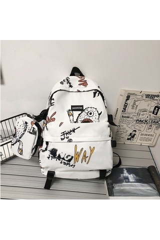 Genç Erkekler İçin Şık Ve Dayanıklı Ortaokul Lise Öğrenci Sırt Çantası - Büyük Kapasiteli Grafik Tasarımlı Moda Trendi Okul Ve Seyahat Çantası Beyaz