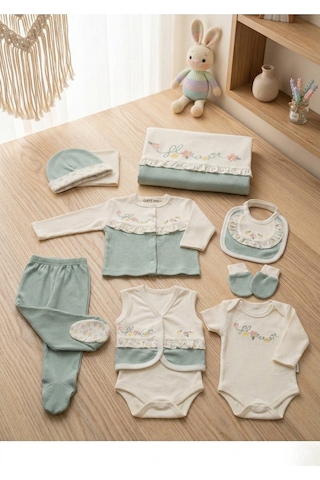 Nakışlı %100 Pamuk Unisex Bebek Hastane Çıkışı 10 Lu Set 0 1 Yaş Mavi