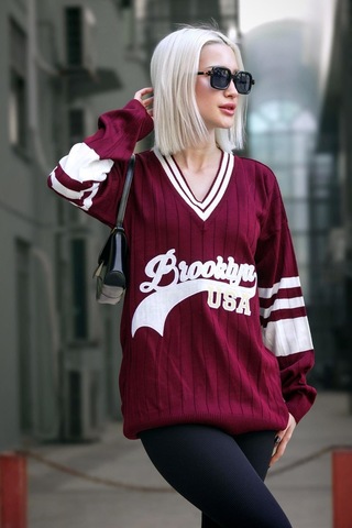 Madmext Bordo V Yaka Nakışlı Kadın Kazak Mg1279-bordo Bordo