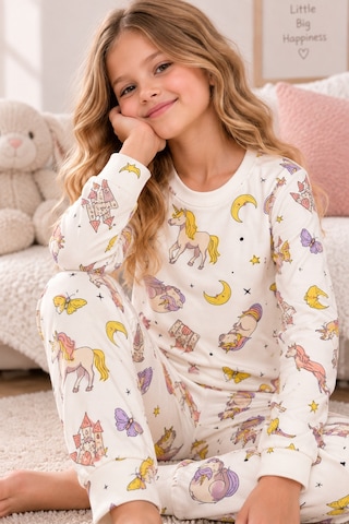 Free Beka Desenli Bisiklet Yaka %100 Pamuklu İnterlok Kumaş Kız Çocuk Uzun Kollu Pijama Takımı Ekru