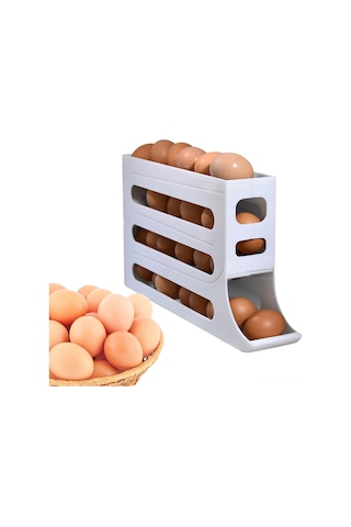 Ranyeek Beyaz Dört Katlı Buzdolabı Yumurta Dağıtıcı - Otomatik Yuvarlanma, 30 Yumurta Kapasitesi, Boşluk Tasarrufu, Kaymaz Altlıklar Beyaz