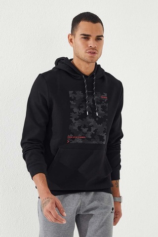 Tommy Life Siyah Kamuflaj Desen Baskılı Standart Kalıp Kapüşonlu Erkek Sweatshirt - 87884 Siyah