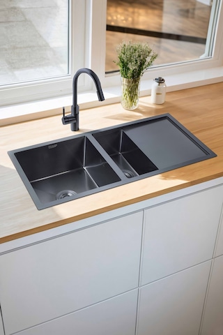 Özlem Serisi %100 Krom 95x45 İki Göz Paslanmaz Mutfak Eviyesi, Mutfak Lavabosu Sifon Dahil Siyah