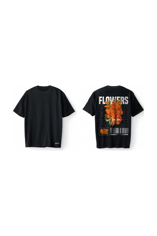 Bumeta Flowers Typography Çiçek Baskılı Oversize Unisex Tişört T-shirt Siyah