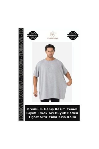 Floranova Premium Geniş Kesim Temel Giyim Erkek Gri Büyük Beden Tişört Sıfır Yaka Kısa Kollu