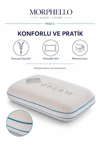 Morphello Visco Relax Memory Foam Boyun Destekli Yastık 40x60 Cm Tencel Fermuarlı Yıkanabilir Kılıf Görsel Üzerindeki Daha Sade İsim İse: Beyaz