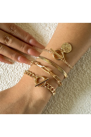 Takı Hip-hop Trendi Yılan Kemiği Zincir Bilezik Seti Retro Metal Ot Tokalı Etiket Bilezik Kadın Diğer