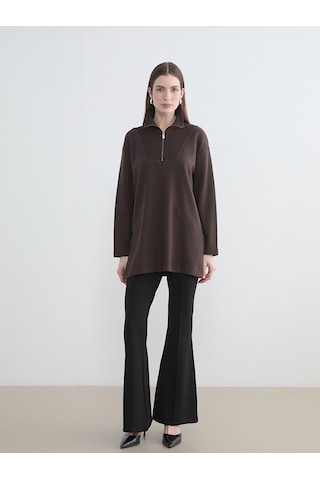 Lcw Modest Kahverengi Dik Yaka Kadın Sweatshirt Tunik