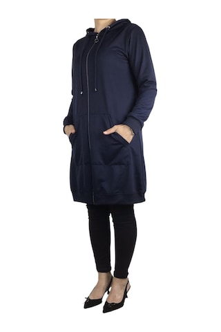 Kadın Kapşonlu Önü Fermuarlı Kanguru Cepli Kristal Kumaş Ceket Lacivert