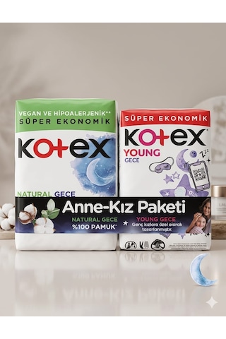 Kotex Natural Gece Kotex Young Gece 14+16 Anne Kız Paketi