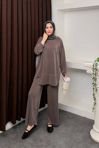 Mihran Butik Kalina Model İthal Pike Kumaş Cep Detaylı Kadın Takım Kahverengi