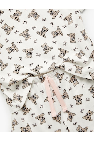 Koton Pamuklu Ayıcık Baskılı Kısa Kollu Bisiklet Yaka Pijama Takımı Ekru Desenli 5slk40196mk