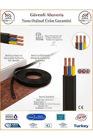 Trendhomm 3x2.5 Ttr Yassı Elektrik Kablosu - %100 Bakır - 15 Metre