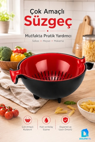 Çok Amaçlı Süzgeç Ve Badya Seti 30x25x13 Cm Sebze Meyve Makarna Süzme Kabı Bpa İçermez Kırmızı - Siyah