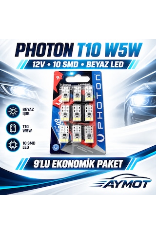 Photon T10 W5w 12v 10 Smd Beyaz Led Ampul 9 Lu Ekonomik Paket -