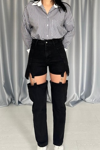 Alemdarshop Siyah Askılı İki Parça Jeans Pantolon