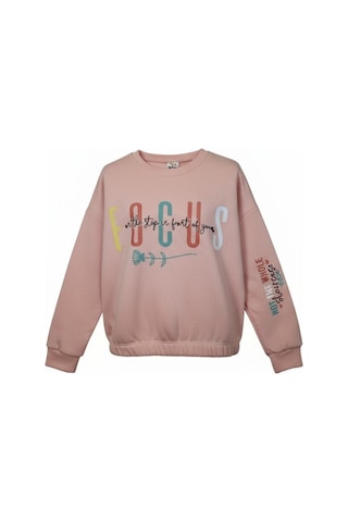 Fesshera Kids Kız Çocuk Sweatshirt Beli Lastikli Bisiklet Yaka Uzun Kollu Baskılı Kışlık Pamuklu Sweatshirt Somon