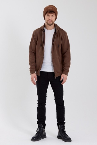 Polostate Erkek Fermuarlı Kanguru Cep 3 İplik Sweatshirt Kahverengi