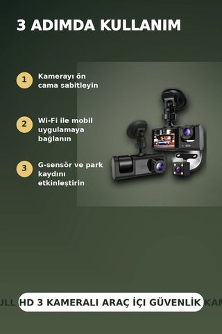 1080p Full Hd 3 Kameralı Wi-fi Araç İçi Kayıt Cihazı Ve Park Modlu Güvenlik Kamerası Seti