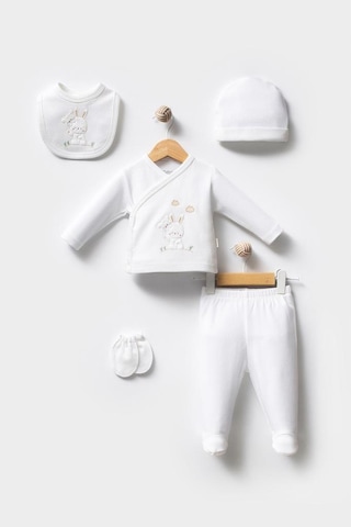 Bebitof %100 Pamuk Sevimli Tavşan Desenli 5 Parça Yenidoğan Hastane Çıkışı Zıbın Seti Bbtf.ekr.20129 Ekru