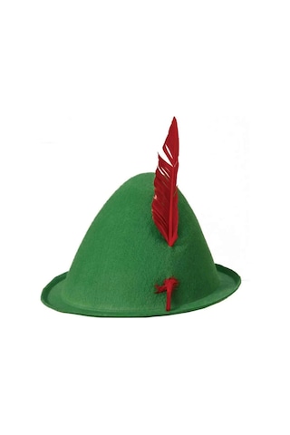 Yeşil Renk Kırmızı Tüylü Peter Pan Şapkası Robin Hood Şapkası 24x23 Cm +0