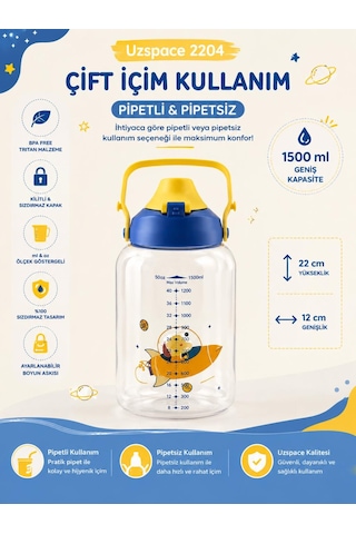 Uzspace 2204 Mavi 1500 Ml Çift İçim Ölçek Göstergeli Tritan Çocuk Su Matarası