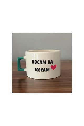 Kocam Da Kocam Baskılı Sarı Kulplu Kare Kupa - Sevgililer Günü Hediyesi Bardak Fincan Mug Yeşil Kulp