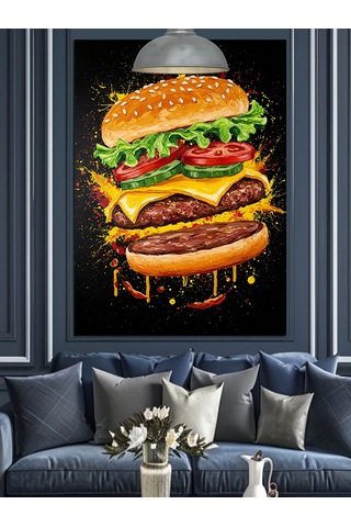 Üç Katlı Büyük Ve Lezzetli Hamburger Dekoratif Kanvas - Mdf Ahşap Tablo