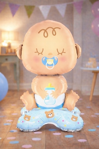 Bebek Figürlü Folyo Balon 63 CM Mavi Emzikli Erkek Bebek Baby Shower Parti Dekoru Mavi Bebek Ayaklı