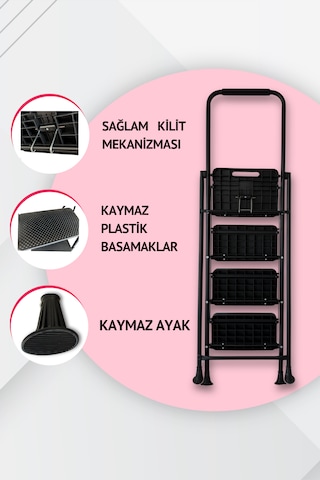 Portalife 4 Basamaklı Konfor Tutacaklı Çelik Şık Merdiven - Siyah 200 Cm'ye Kadar