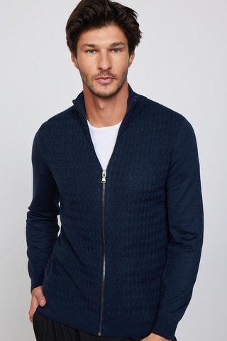 Tudors Slim Fit Desenli Dik Yaka Fermuarlı Lacivert Erkek Hırka-29571 Lacivert