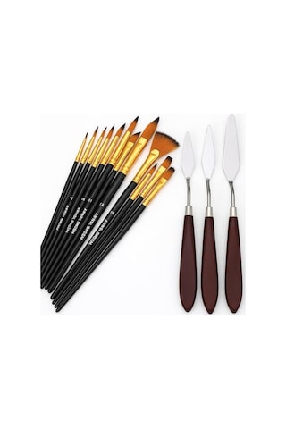 Ressam Sanat Malzemeleri Seti 12'li Fırça Seti + 5'li Metal Spatula Akrilik, Suluboya, Yağlıboya İçin Profesyonel
