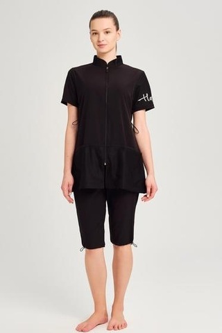 Haşema 2843 Siyah Vizara File Cep Detaylı Kısa Kol Fermuarlı Havuz Mayo Çok Renkli