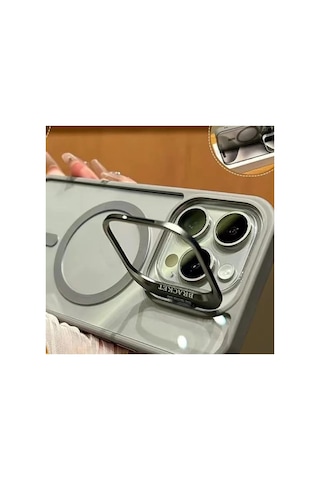 iPhone Uyumlu 14 Plus / 15 Plus Kamera Koruma Stantlı Magsafe Destekli Lens Koruyucu Telefon Kılıfı Gri