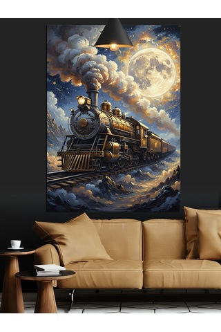 Gece,dolunay Ve Retro Kara Tren Dekoratif Kanvas - Mdf Ahşap Tablo