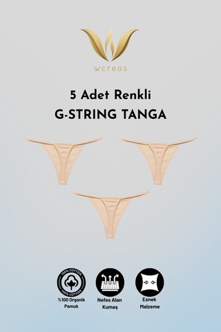 Wcreas Kadın İpli Tanga, Pamuklu Yumuşak Kumaş G-string Tanga 5'li Paket Ten Ten