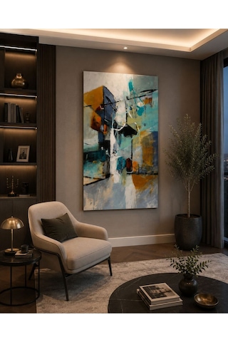 Modern Soyut Turkuaz & Hardal Renkli Kanvas Tablo Premium Dekoratif Duvar Tablosu Salon, Ofis, Yatak Odası Ve Koridor İçin Çerçevesiz Modern Sanat Tablosu
