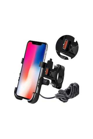 Resolut Motosiklet Telefon Tutucu USB Şarjlı Alüminyum Alaşım Gidon ve Ayna Bağlantılı