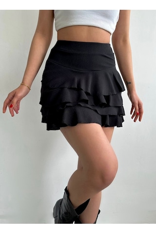 Kadın Katlı Beli Lastikli Etek Siyah