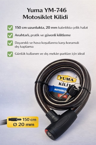 Yuma Motosiklet Kilidi 150 Cm 20 Mm Kalınlık, Anahtarlı Çelik Halat