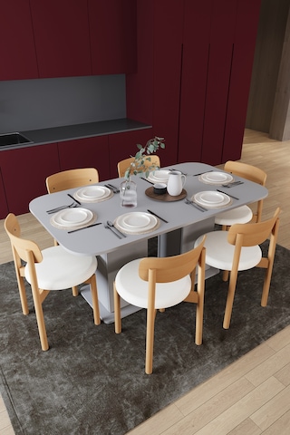 Modern Dolaplı 6 Kişilik Mutfak Yemek Masası Ve Sandalye %100 Mdf Mutfak Yemek Odası Masası Takımı Ymt06 Kül Gri