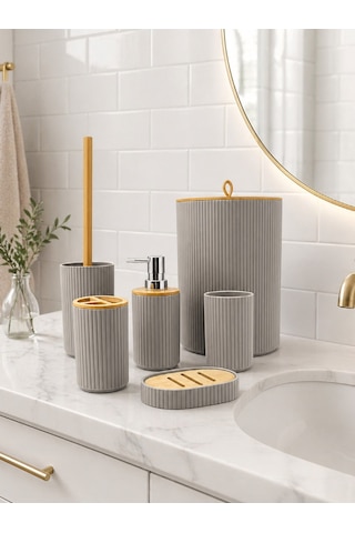 6 Lı Banyo Seti Sabunluk Diş Fırçalık Sıvı Sabunluk Çöp Kovası Tuvalet Fırçası Organizer Kahverengi