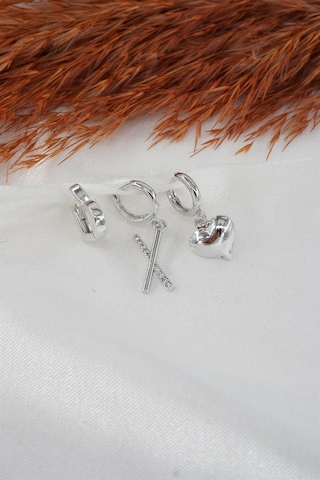 Kadın Zirkon Taşlı Kalp Figürlü 3'lü Set Küpe-3484 Gümüş