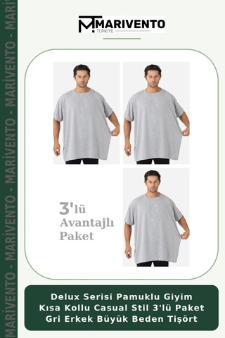 Marivento Delux Serisi Pamuklu Giyim Kısa Kollu Casual Stil 3'lü Paket Gri Erkek Büyük Beden Tişört Gri-3