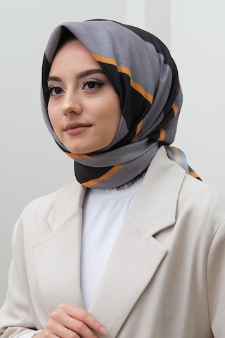 Afvente Çizgili Desen Gri Pamuk Eşarp