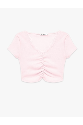 Koton Bürümcük Kumaş Dantelli Slim Fit V Yaka Büzgülü Tişört Pembe 6sal10641ık Gül