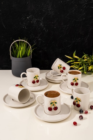 Mest 6 Kişilik Kiraz Model 12 Parça Porselen Kahve Fincan Takımı - Şık Kahve Fincan Seti 120 Ml Beyaz