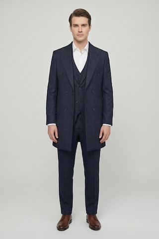 Giotelli Erkek Lacivert Dar Kesim Slim Fit Viskon Ekose Mono Yaka Dokuma Çift Yırtmaçlı Kemerli Bel Tam Astarlı 6 Drop 5'li Erkek Takım Elbise